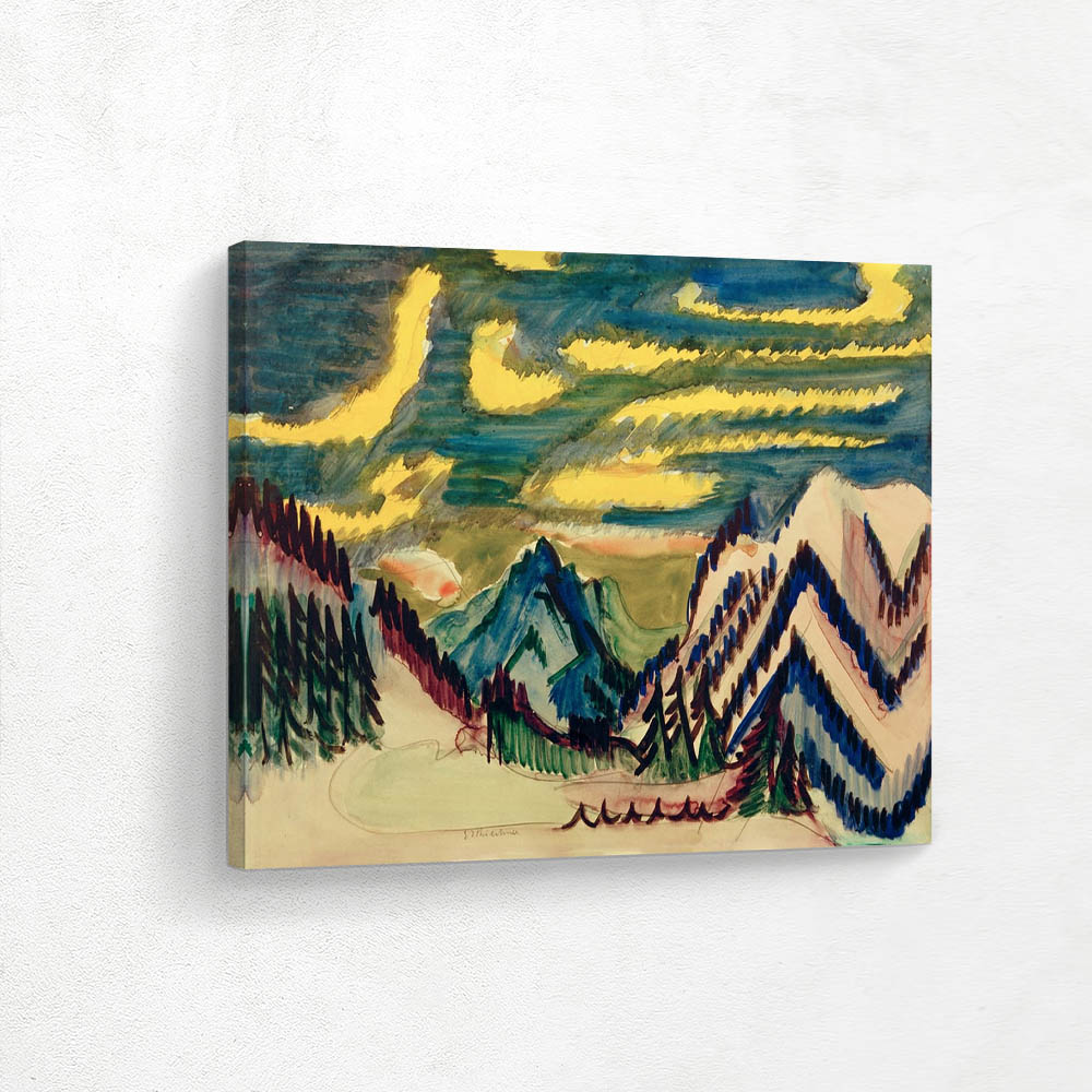 Davos mountain landscape with yellow clouds