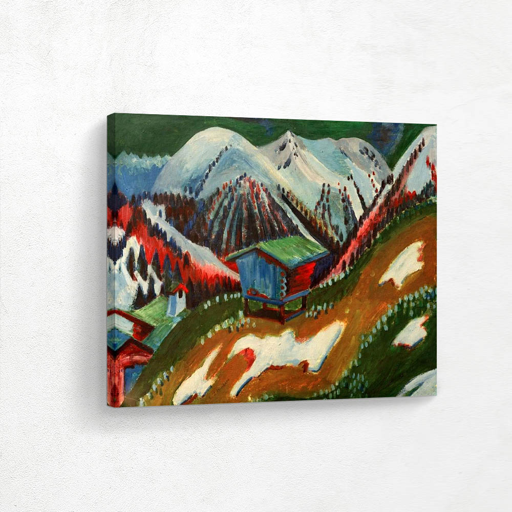Snowmelt. Mountain landscape with alpine hut
