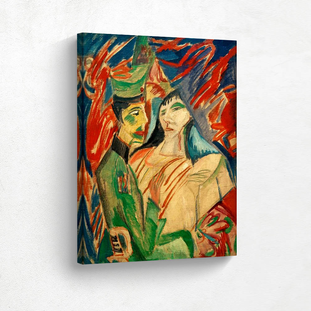 Soldier and girl between colorful curtains