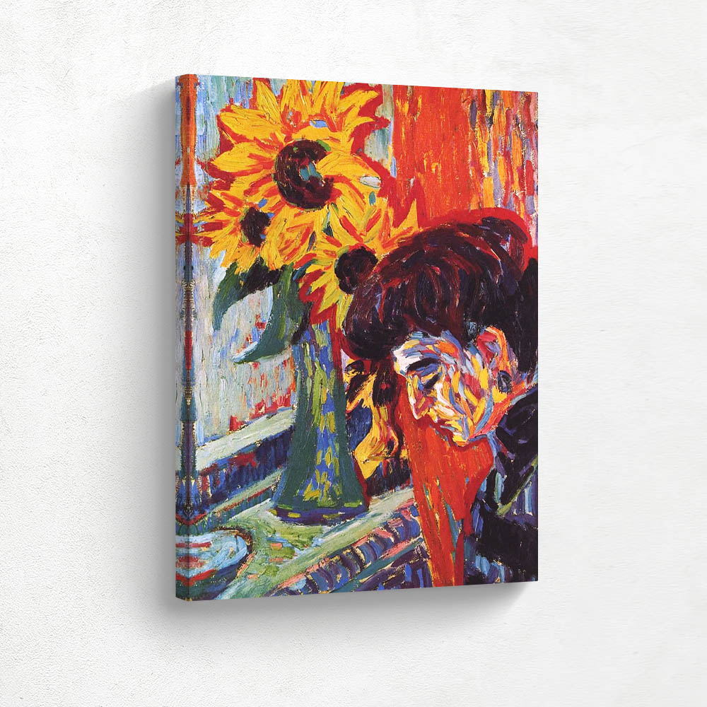 Womans head in front of sunflowers Womans head in front of sunflowers