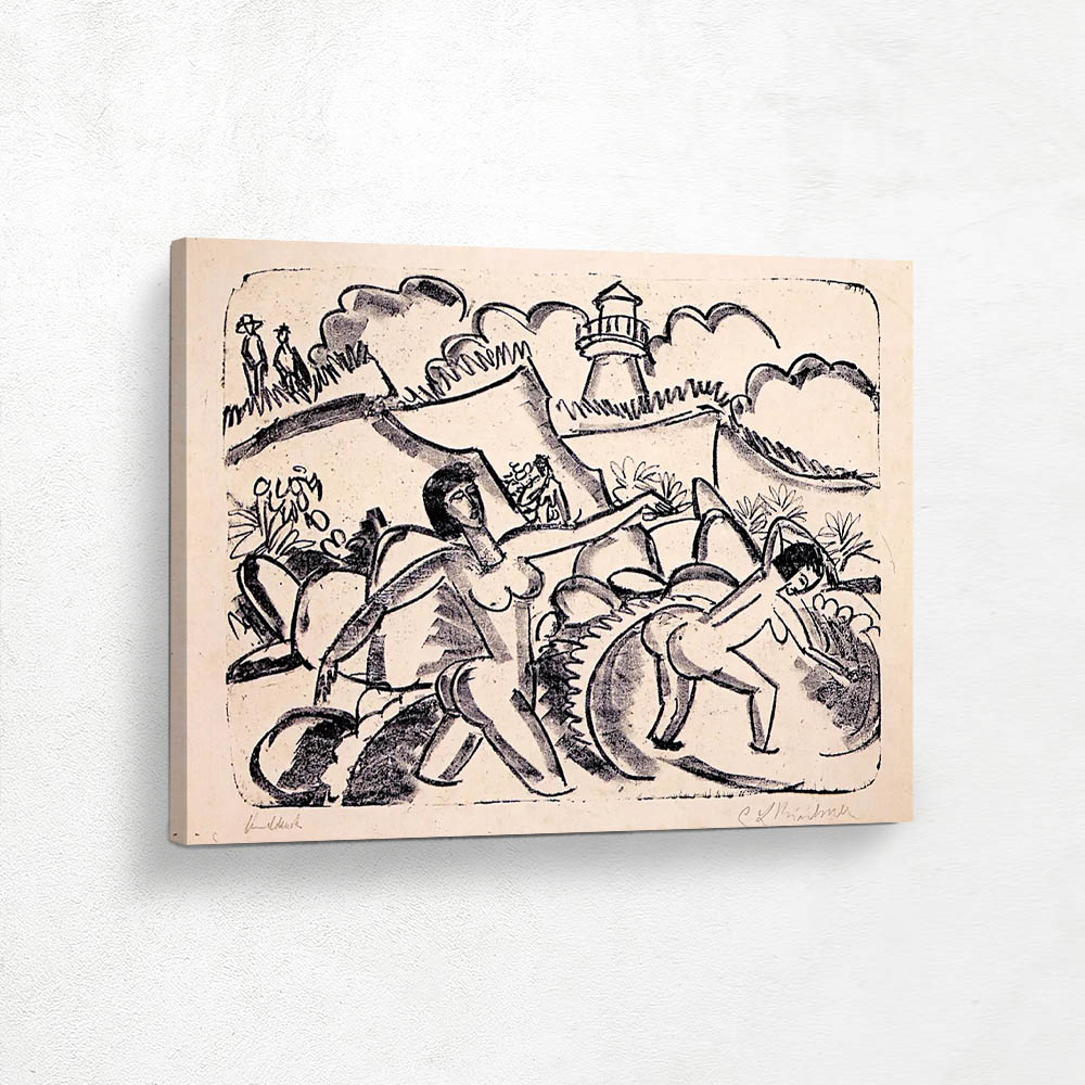 Bathers, dunes and lighthouse