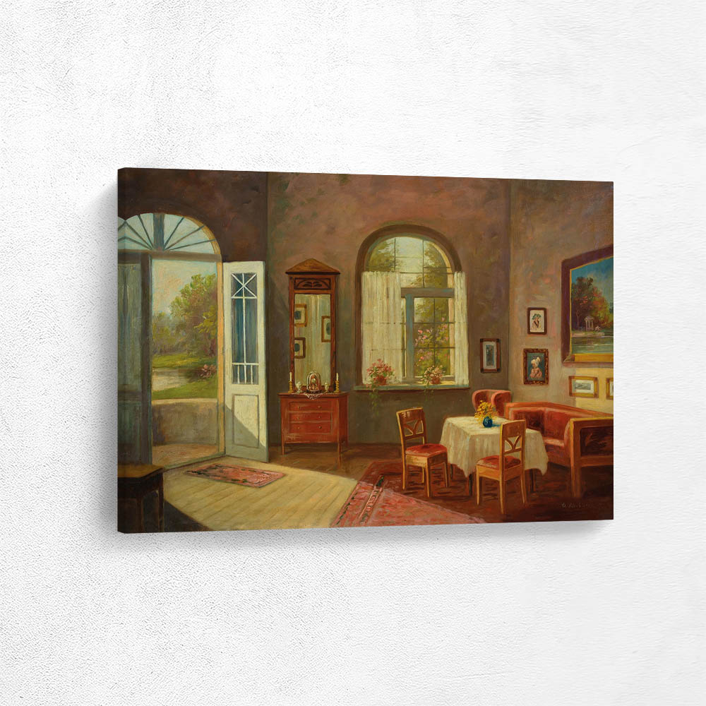 Biedermeier interior with garden view