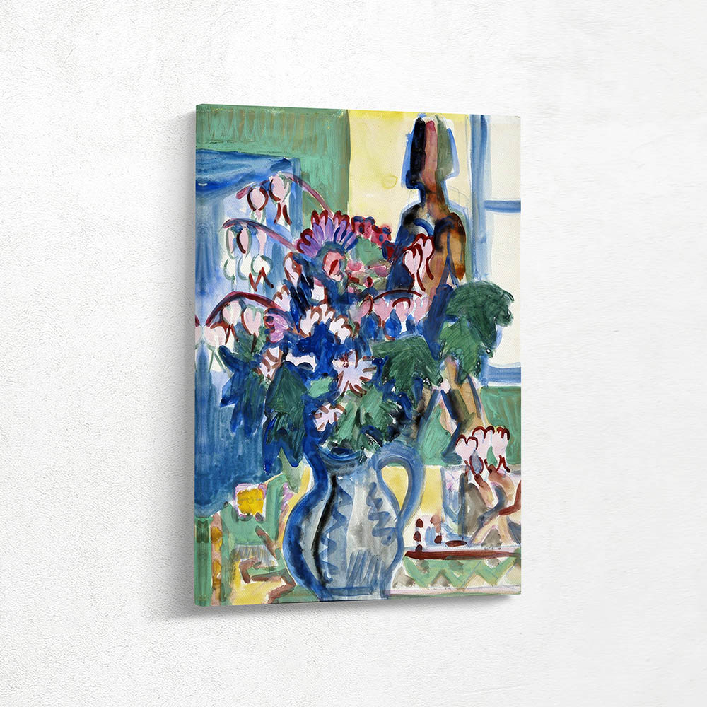 Bouquet of flowers with sculpture in front of window