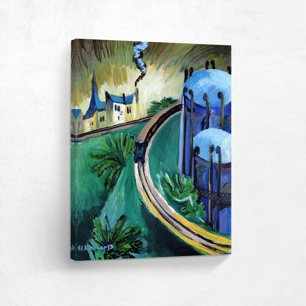 Landscape with gas tanks and railroad