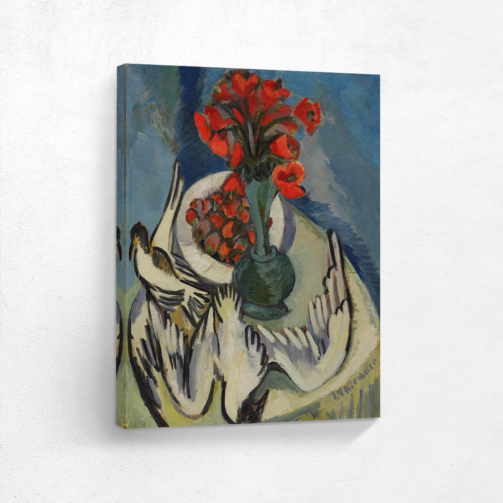 Still life with seagulls, poppies and strawberries