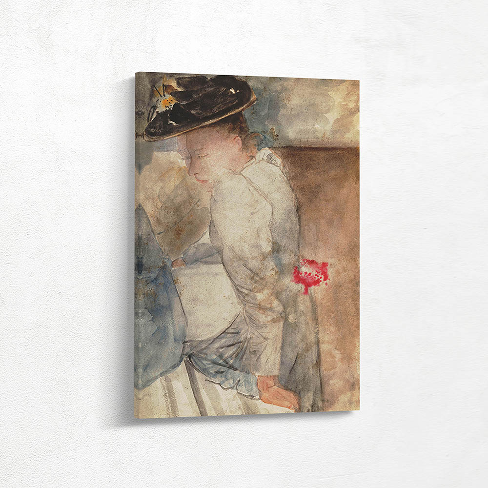 Seated woman with flat hat, leaning on her left hand