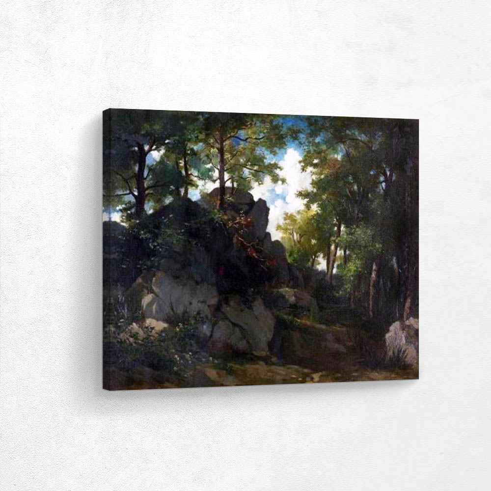 Sunny Forest Landscape with Rocks under Cloudy Sky