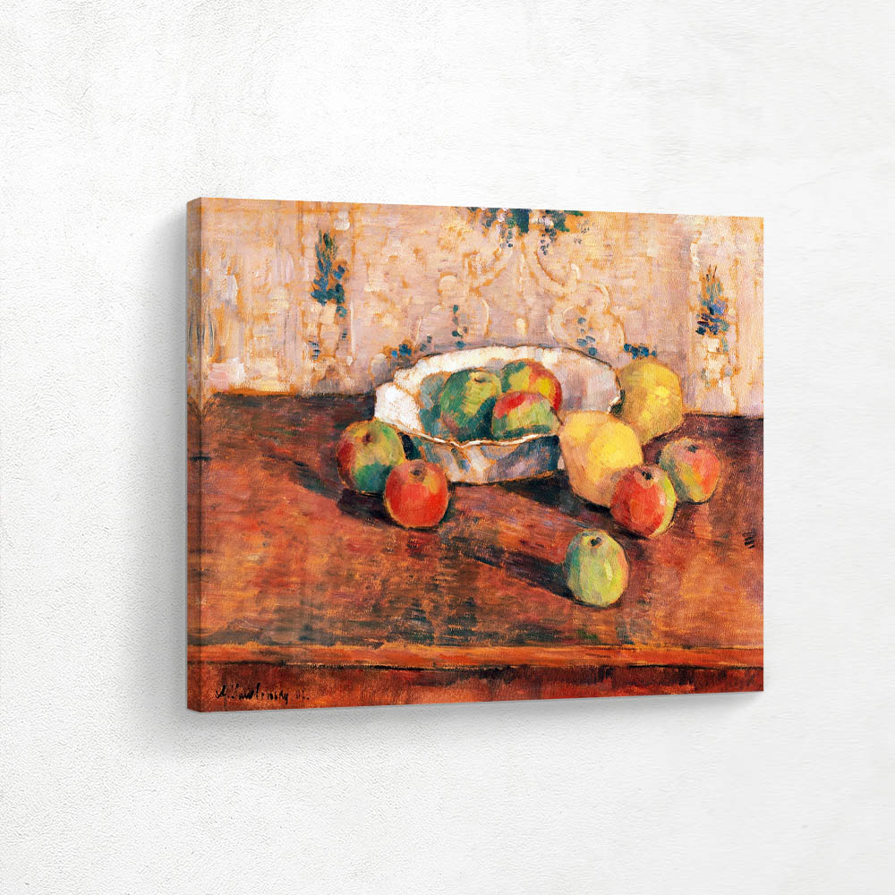 Still Life Fruit and Dish in Front of Patterned Wallpaper