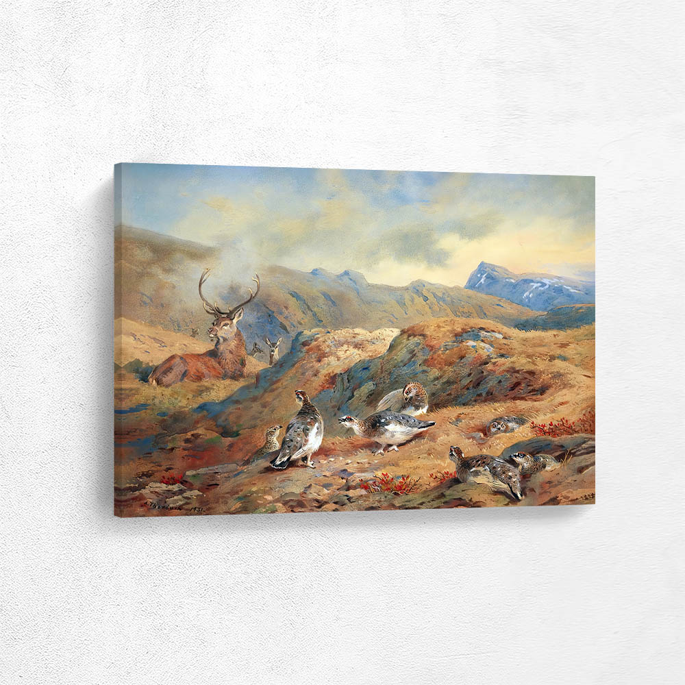 Ptarmigan and Deer on a Hillside