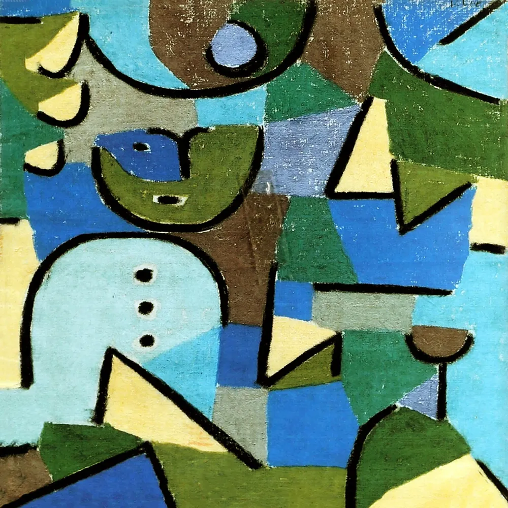 Abstract painting with geometric shapes in blue, green, yellow, and brown