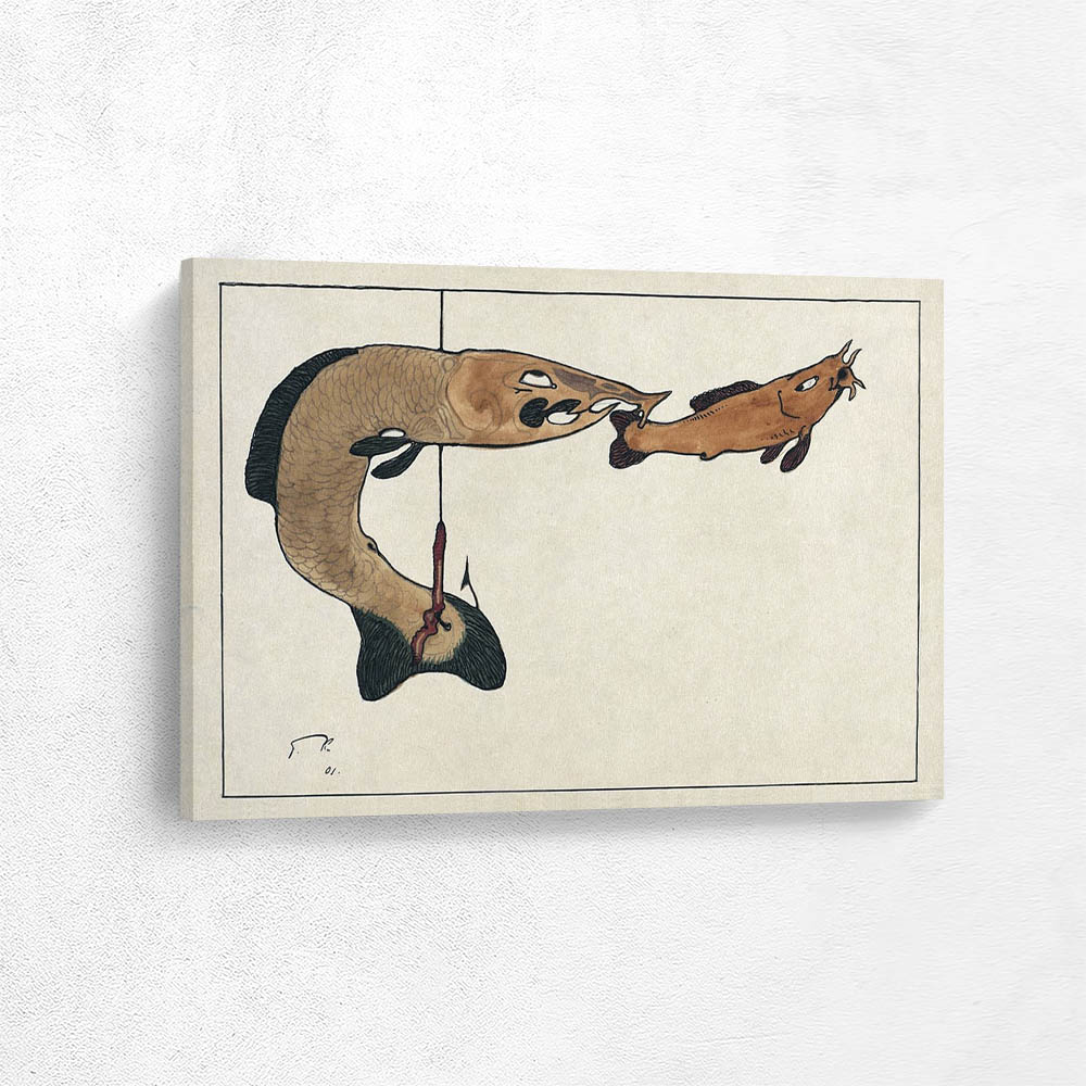 Two fishes, one on a hook,