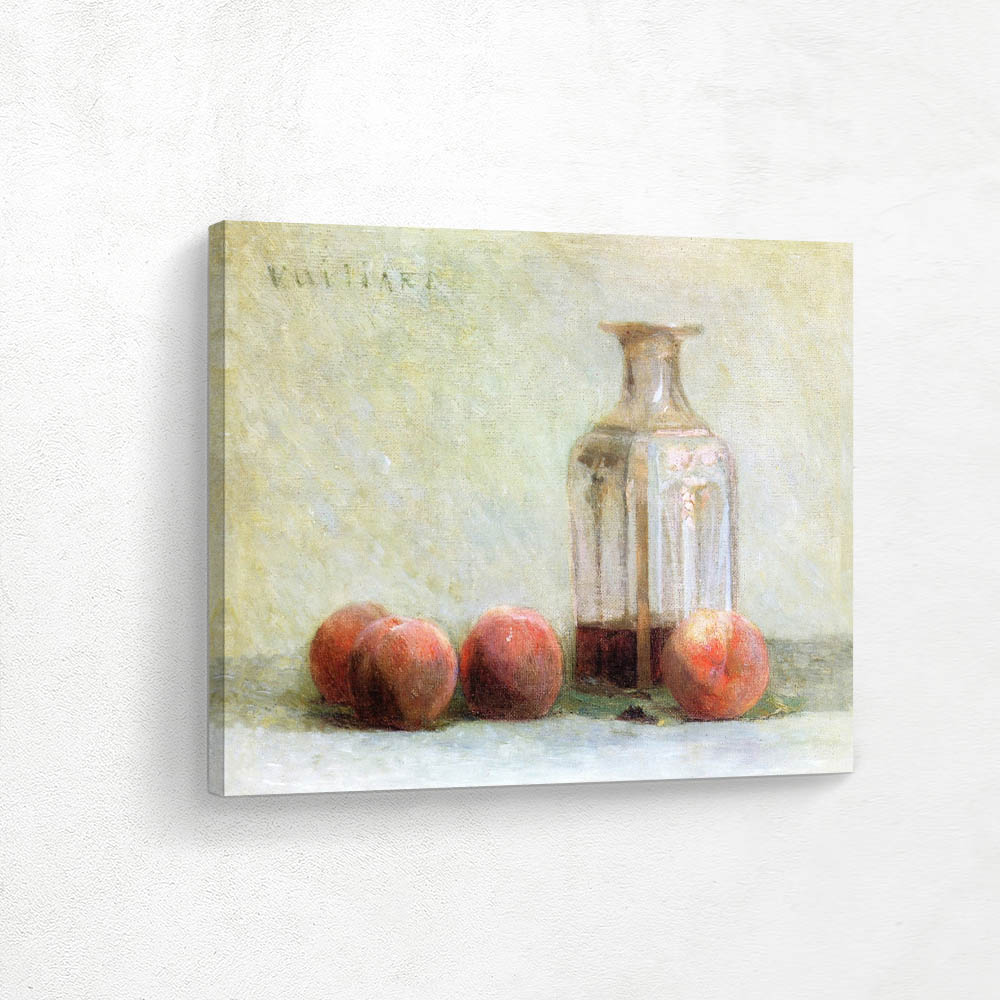 A carafe of wine and four peaches