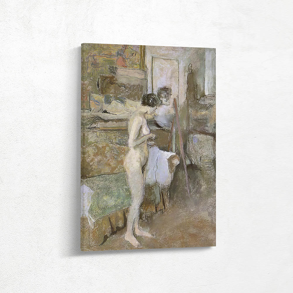 Nude in Profile Standing in Front of a Couch