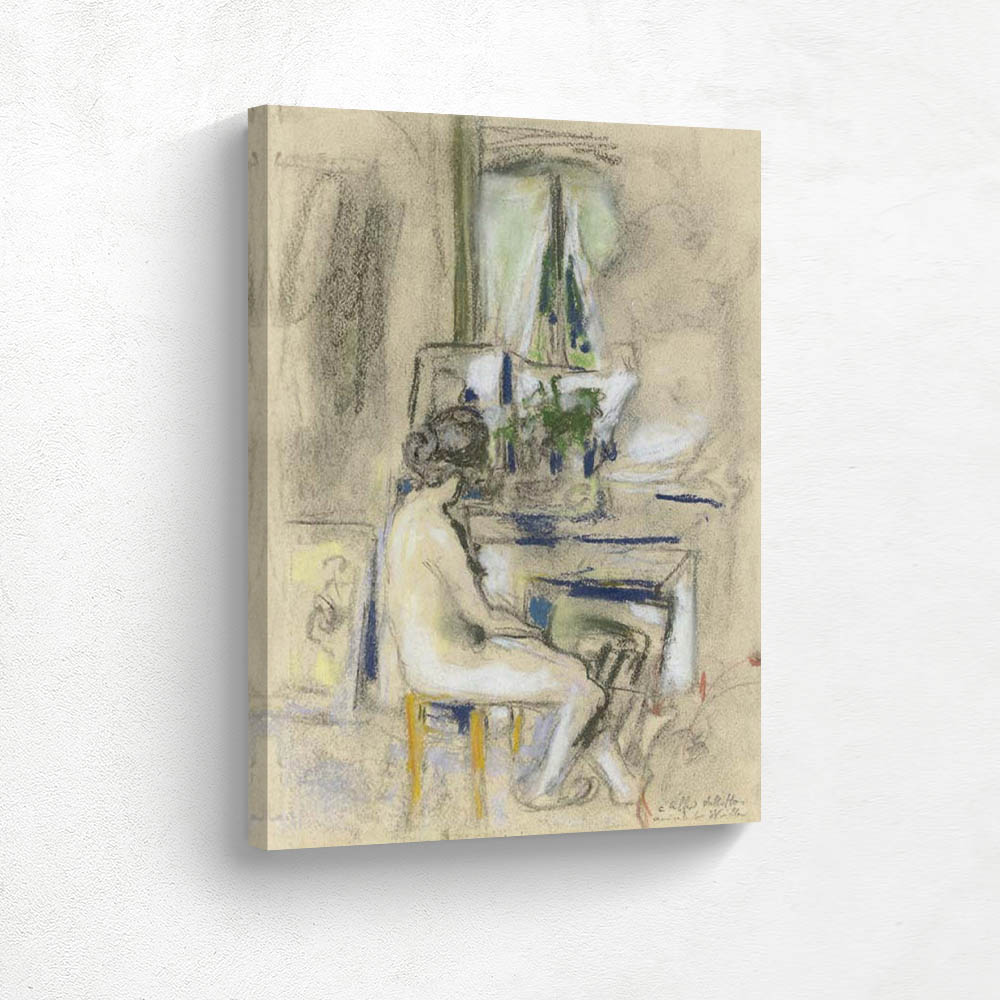 Nude sitting in front of the fireplace