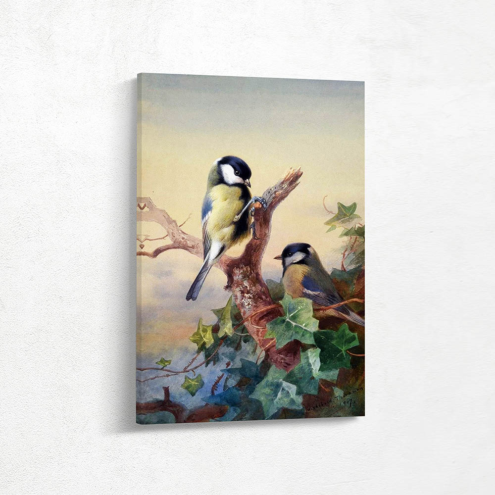 Blue Tits on an Ivy Covered Dead Branch