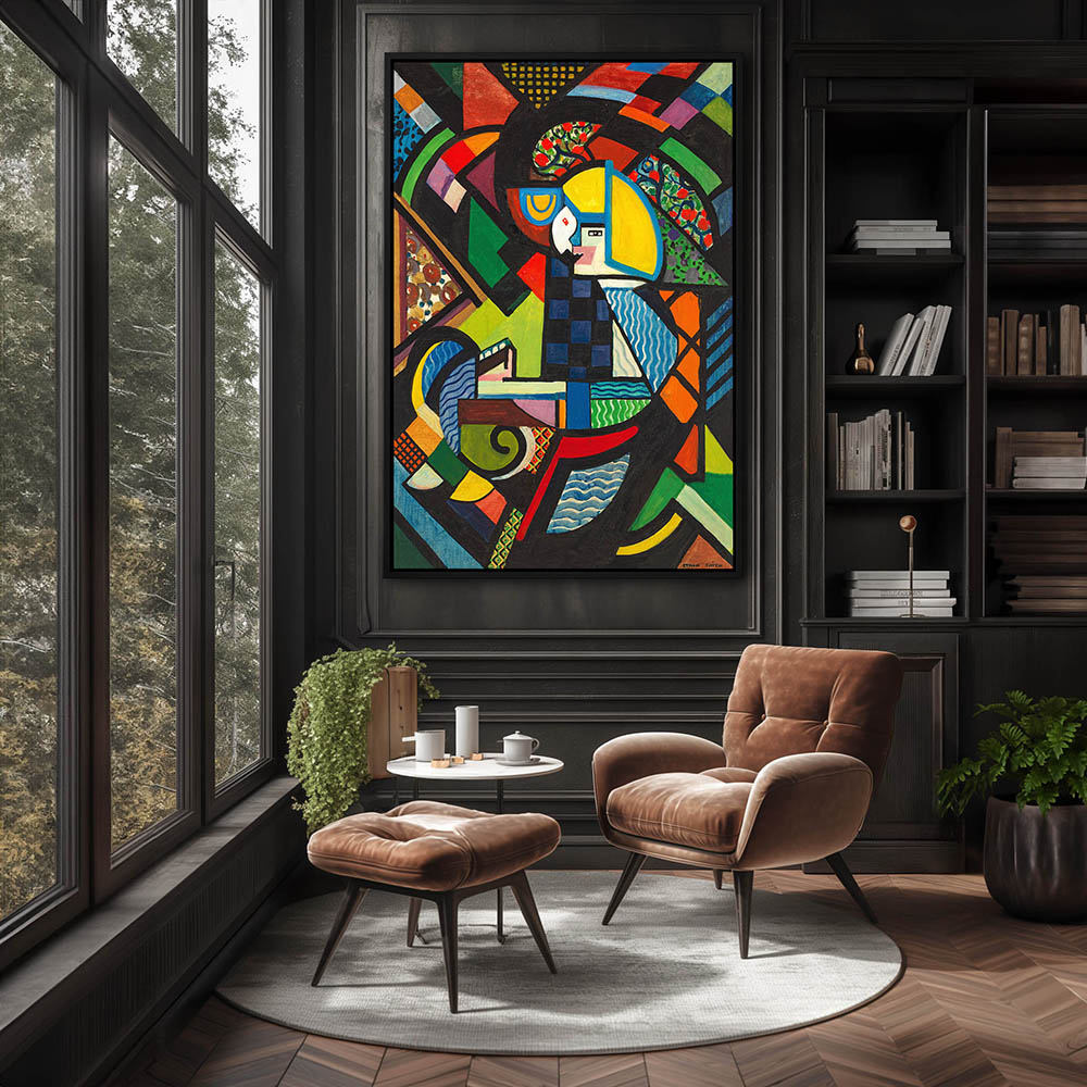Abstract painting, in vibrant colors make stunning home wall decor, perfect for any room. Choose from a wide variety of sizes and formats, including metal wall art, metal prints, vinyl wall art, vinyl prints, peel-and-stick vinyl, vinyl wall art, vinyl wall peel, framed wall art, framed prints, fine art prints, poster art, poster wall art, poster prints, stretched canvas, stretched canvas wall art, and framed canvas wall art with floater frames. Available frame colors include black, white, and brown, offering options to match any style. Shown in Sitting Room Wall Decor with a Black Floater Frame.