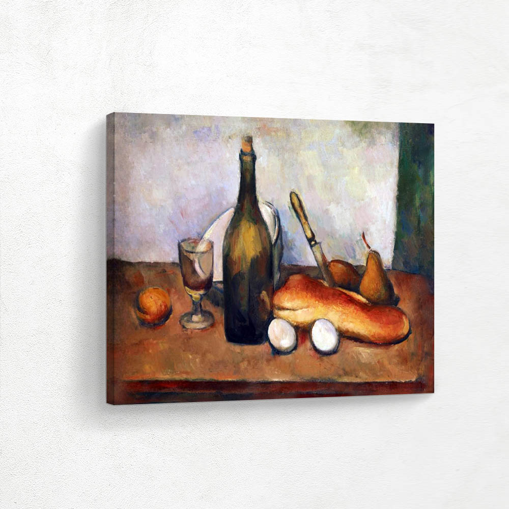Still Life with Bread Fruit Eggs and a Wine Bottle and Glass