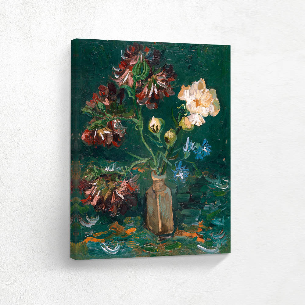 Small Bottle with Peonies and Blue Delphiniums