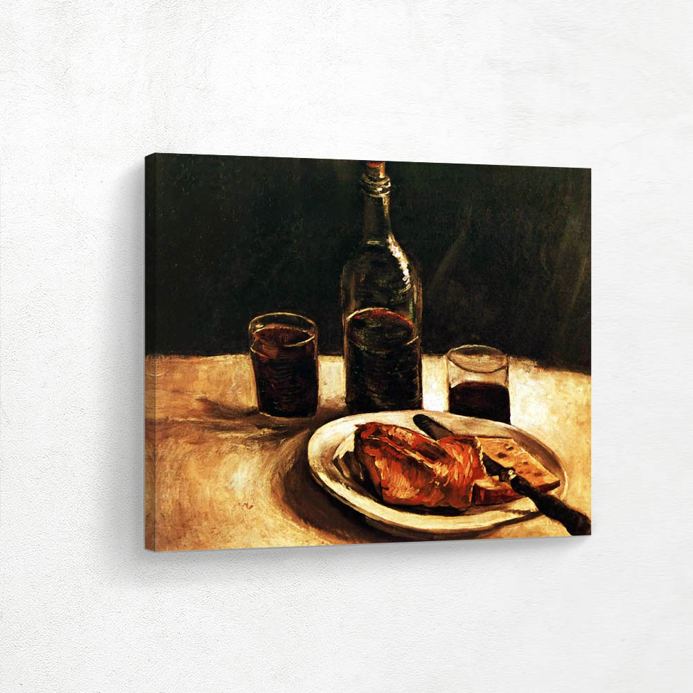 Still Life with Bottle Two Glasses Cheese and Bread