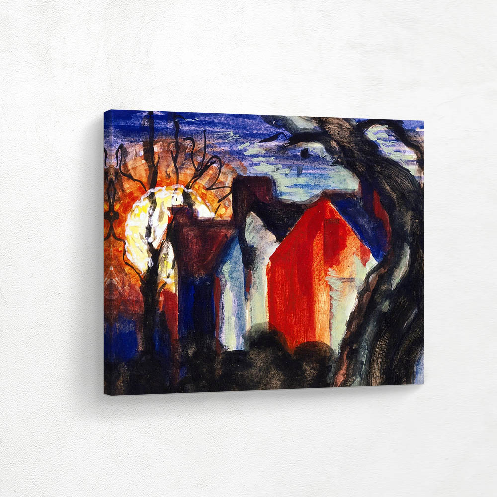 Landscape with Red Barn and the Sun Coming Up