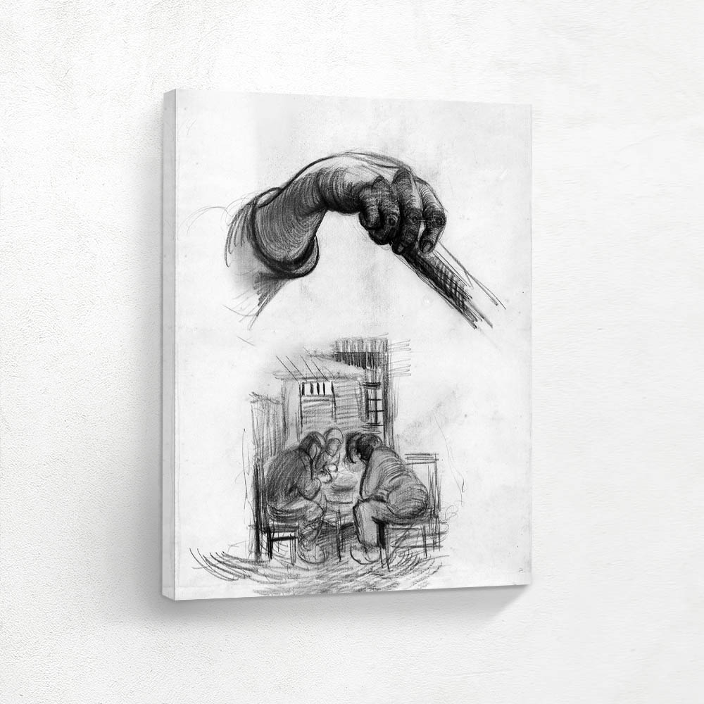 Hand with a Stick and Four People Sharing a Meal