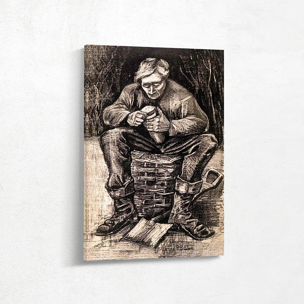 Workman Sitting on a Basket, Cutting Bread