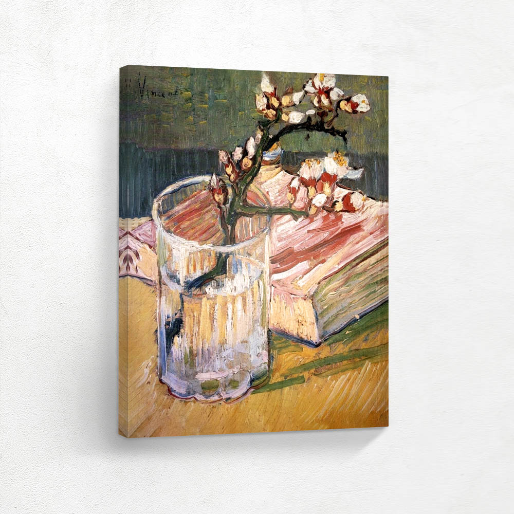 Blossoming Almond Branch in a Glass with a Book