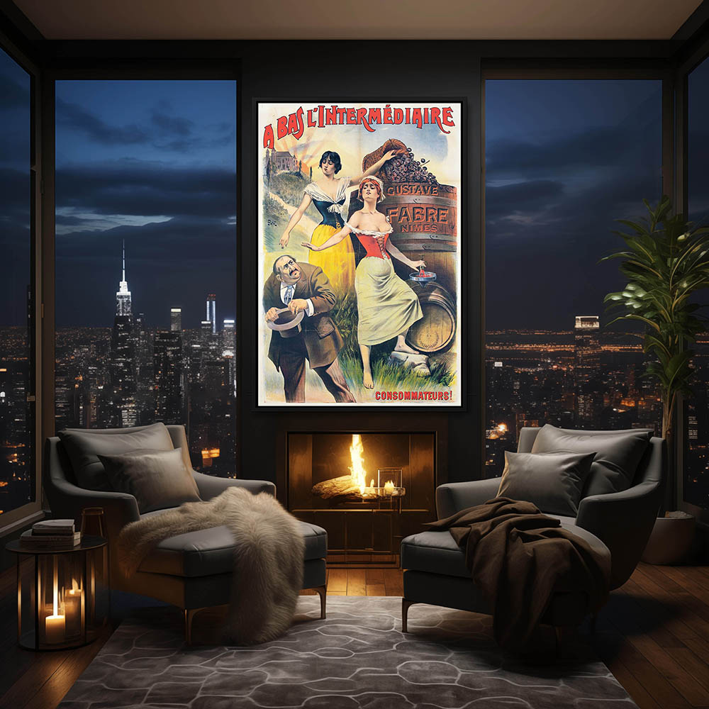 Vintage Poster Art, Wall Art for Home Decor, Bedroom Wall Decor, Gameroom Wall Decor, Large Framed Canvas Wall Art with a Black Floater Frame Shown in Sitting Room Wall Art