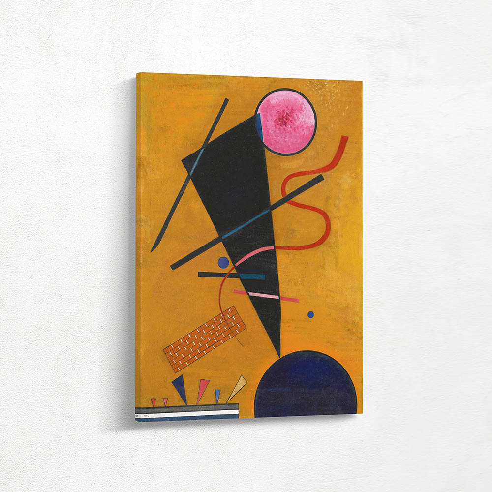 This canvas painting of abstract art in a geometric pattern by Wassily Kandinsky is available in various formats, including metal wall art, metal prints, framed prints, framed wall art, framed wall decor, vinyl wall peel, vinyl peel and stick, poster art, poster prints, poster wall art, stretched canvas, and framed canvas wall art. It comes in floater frames with color options of black, brown, or white and is offered in a wide range of sizes, from small to extra-large.