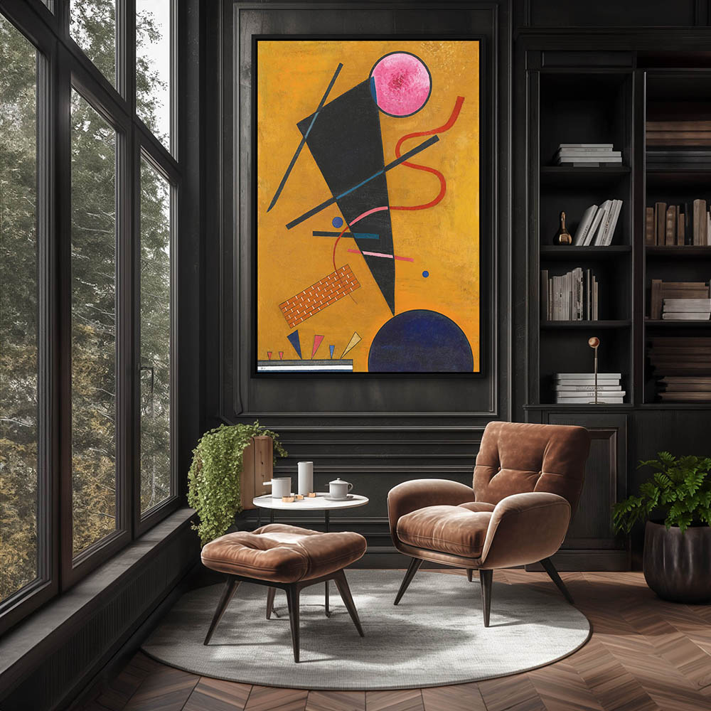 This canvas painting of abstract art in a geometric pattern by Wassily Kandinsky is available in various formats, including metal wall art, metal prints, framed prints, framed wall art, framed wall decor, vinyl wall peel, vinyl peel and stick, poster art, poster prints, poster wall art, stretched canvas, and framed canvas wall art. It comes in floater frames with color options of black, brown, or white and is offered in a wide range of sizes, from small to extra-large. Shown in Sitting Room Wall Decor with a Black Frame.