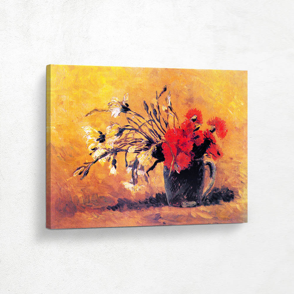 Vase, Red and White Carnations on a Yellow Background