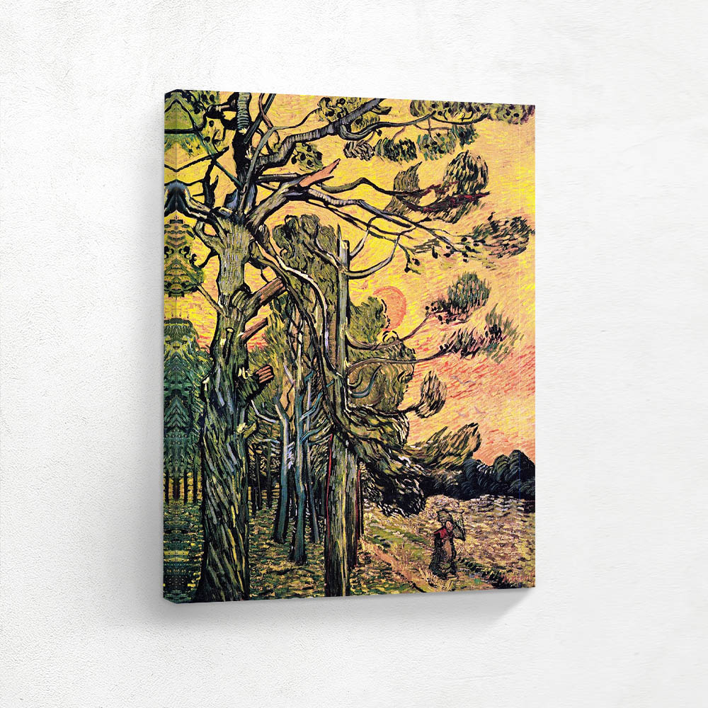 Pine Trees Against an Orange Sky with the Setting Sun