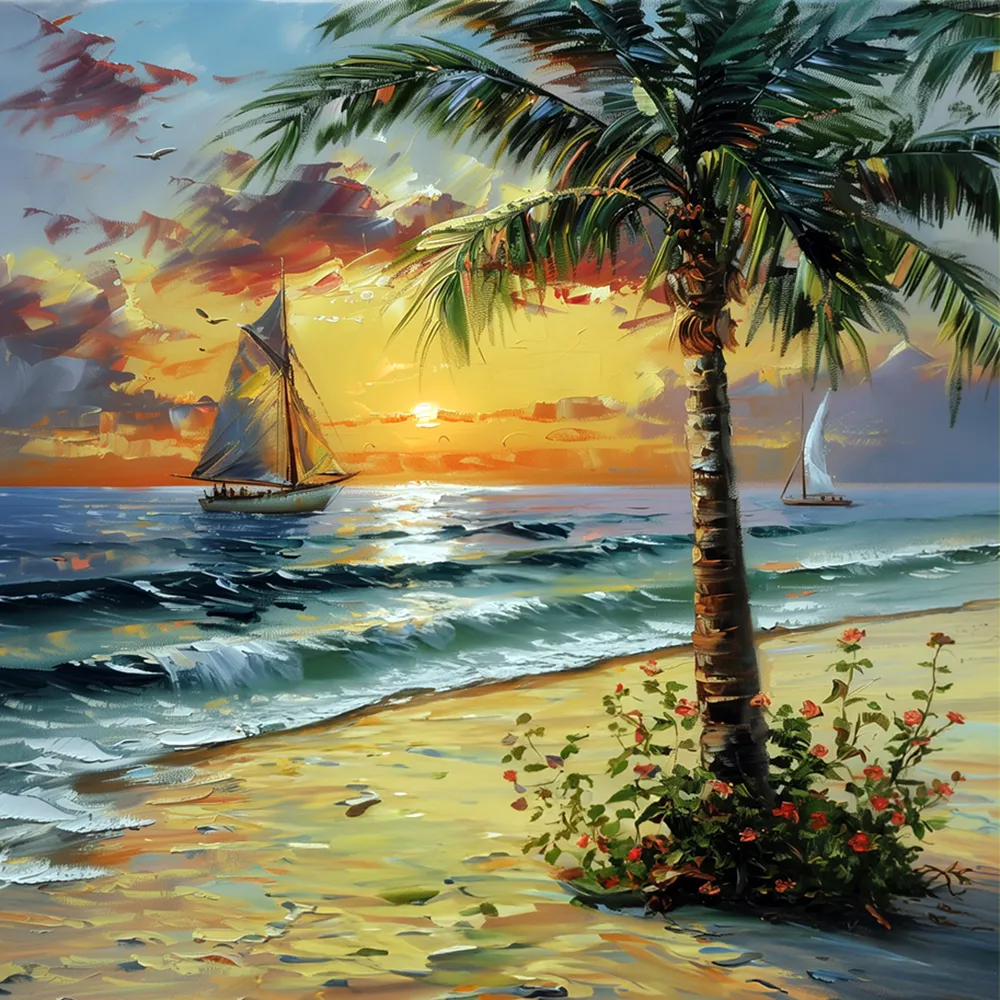 Coastal sunset painting with a palm tree, sandy beach, and sailboats