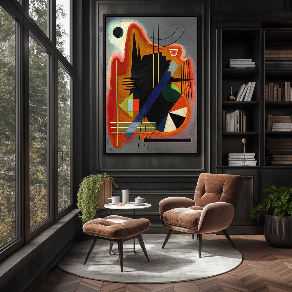 Abstract art is one of the most popular choices for home decor. This vintage art print is available in a wide range of sizes and formats, including metal wall art, metal prints, vinyl wall art, vinyl prints, peel-and-stick vinyl, framed wall art, framed prints, fine art prints, poster art, poster prints, stretched canvas, stretched canvas wall art, and framed canvas wall art with floater frames. Frame colors include black, white, and brown, providing options to complement any style. Shown in Sitting Room Wall Decor with a Black Floater Frame.