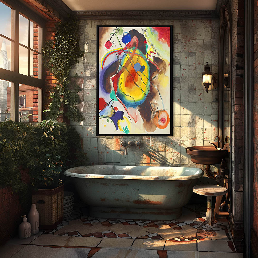 Abstract Wall Art by Wassily Kandinsky for Home Decor, Wall Art in Framed Prints, Framed Canvas Wall Art with Black Floater Frames Shown in Vintage Bathroom Wall Art
