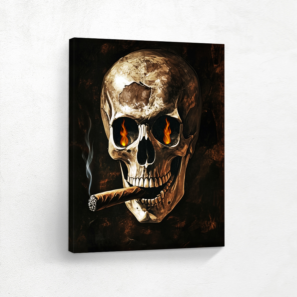 Ignite your décor with this powerful contemporary skull painting — a striking image of a skull smoking a cigar with fiery eyes, designed in rich brown tones for the perfect game room or man cave centerpiece.