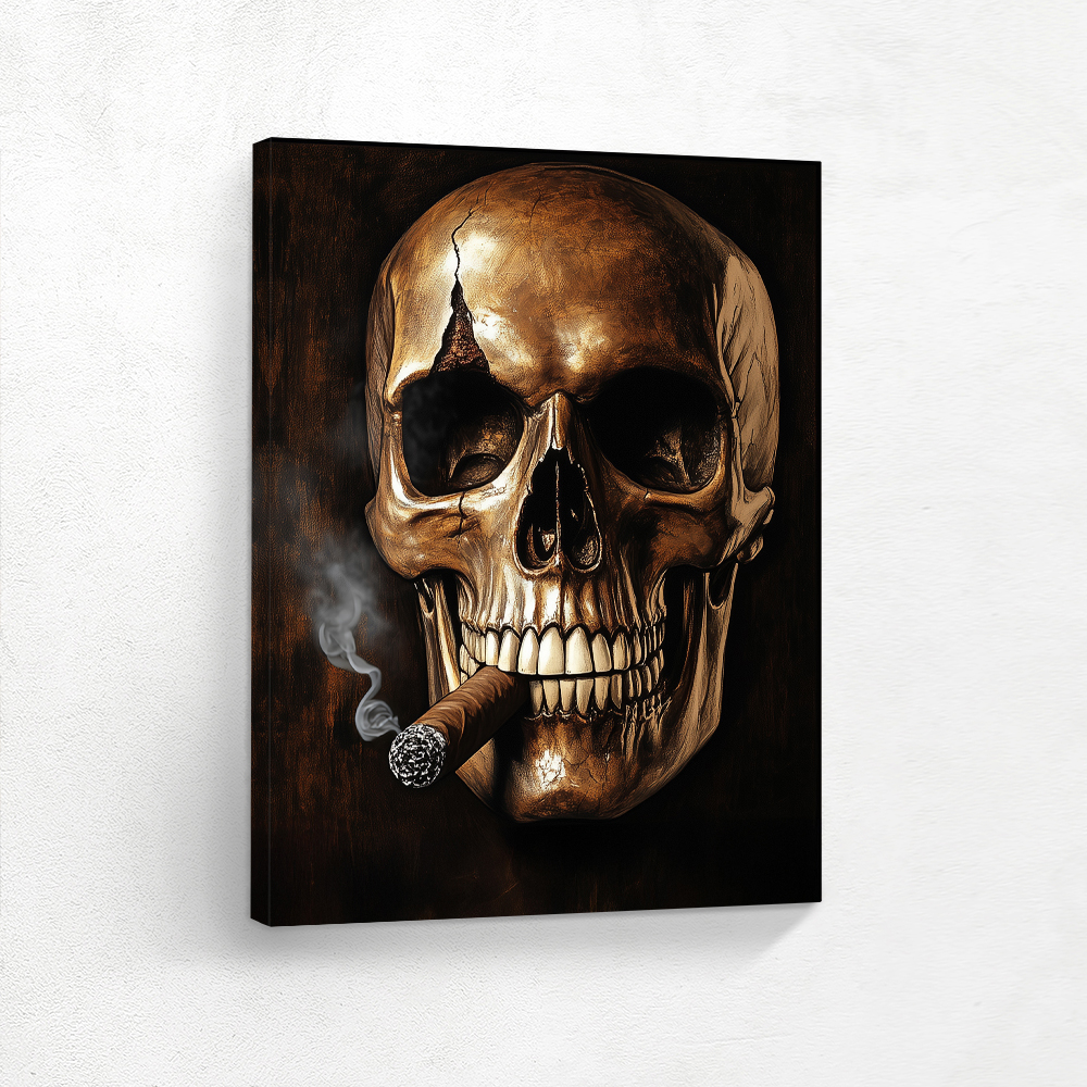 Add bold attitude and style to your game room with this contemporary painting of a skull smoking a cigar, designed in rich brown color tones for a dramatic, modern vibe.
