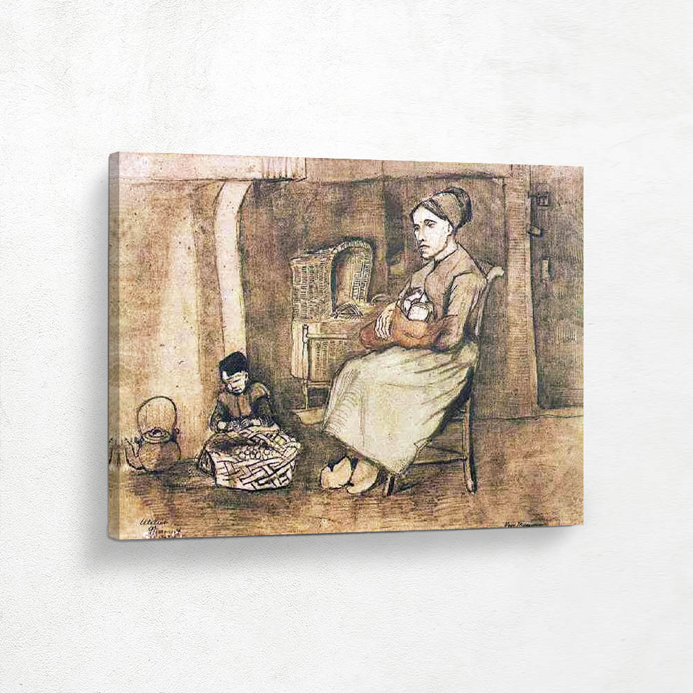 Mother at the Cradle and Child Sitting on the Floor