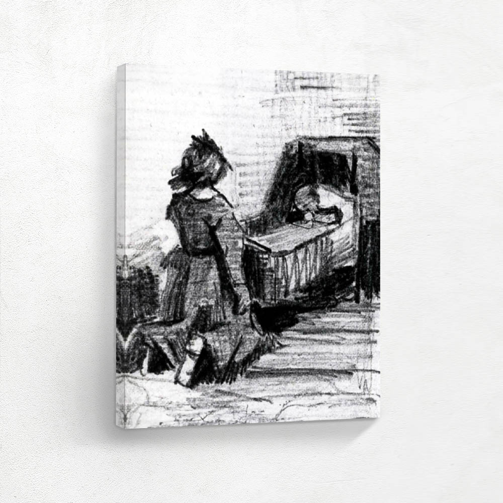 Girl Kneeling in Front of a Cradle