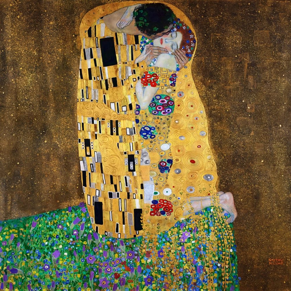 Gustav Klimt The Kiss painting featuring an embracing couple in ornate gold robes with colorful geometric patterns, Art Nouveau wall art.