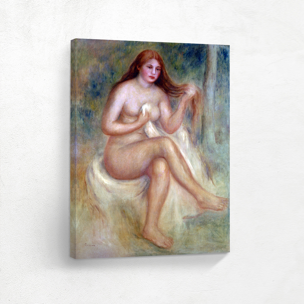 Pierre Auguste Renoir paintings featuring a seated nude woman make stunning home decor. These vintage artworks are available in five different formats, including metal prints, stretched canvas, framed prints, fine art prints, and vinyl wall peels. Framed canvas wall art comes with options for black, white, or brown floater frames, providing a classic and elegant touch to any space.