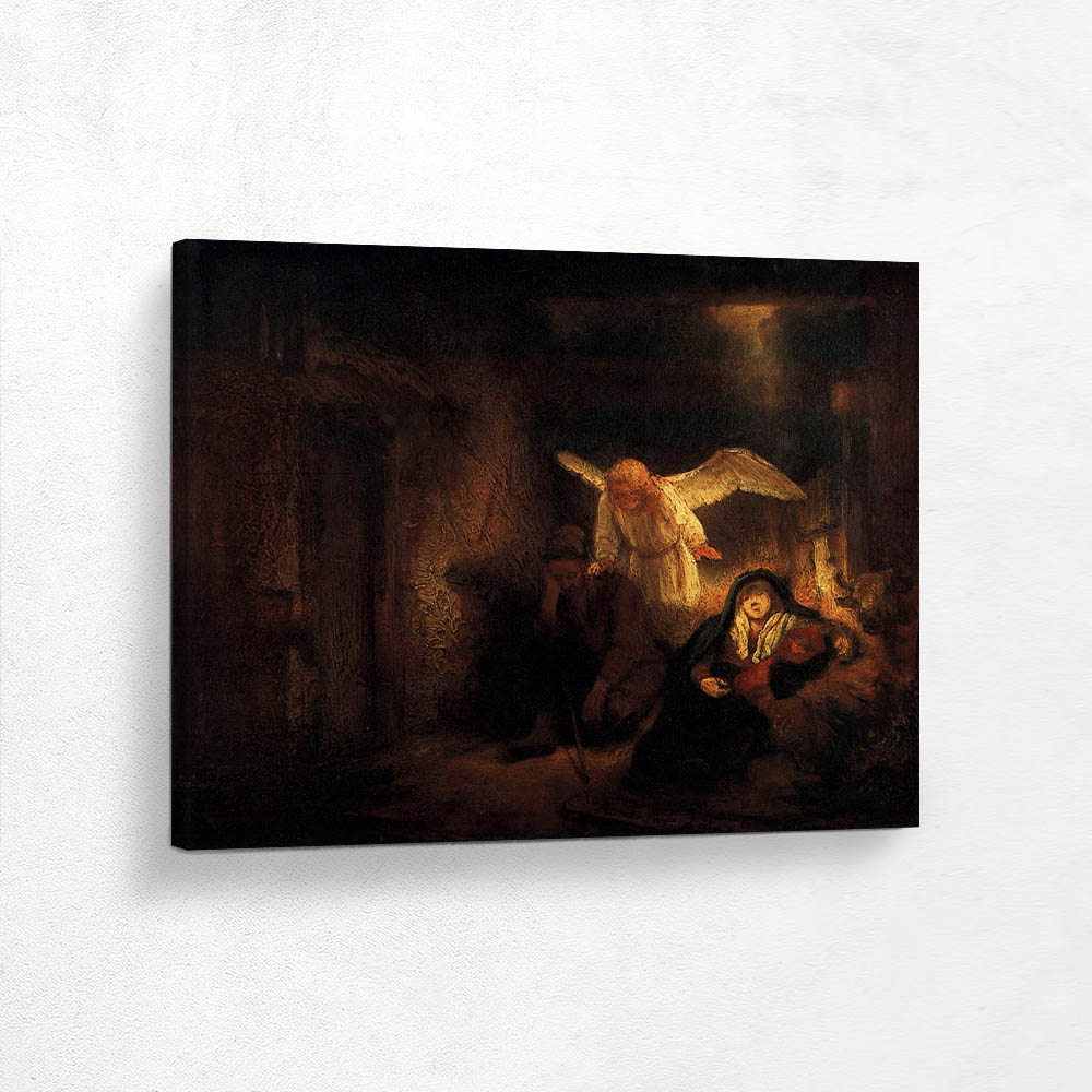 The vintage art painting by Rembrandt, depicting Joseph's dream with an angel, is a timeless masterpiece that complements modern home decor beautifully, making it a standout statement piece in any setting. It comes in a variety of sizes to fit any space and offers numerous formats, including metal prints, metal wall art, framed prints, framed wall art, poster art, poster prints, poster wall art, fine art prints, vinyl wall art, peel-and-stick vinyl, stretched canvas, and framed canvas wall art. You can also select from black, brown, or white floater frames to suit your style.