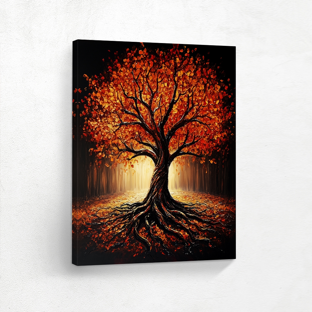 A large landscape painting of a tree in autumn is available in five different formats: stretched canvas wall art, framed prints, fine art prints, poster prints, and poster wall art. Additional options include vinyl wall peel, vinyl peel and stick, metal wall art, metal prints, and framed canvas wall art with floater frames.