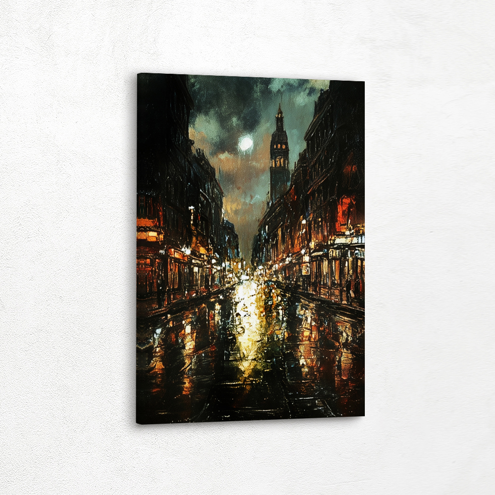 Dark and moody cityscape painting of a street view at night, perfect for home décor, wall décor, or as a striking piece of wall art. Available as a painting, stretched canvas, metal wall art, metal prints, framed prints, fine art prints, poster art, or canvas wall art framed with floater frames.