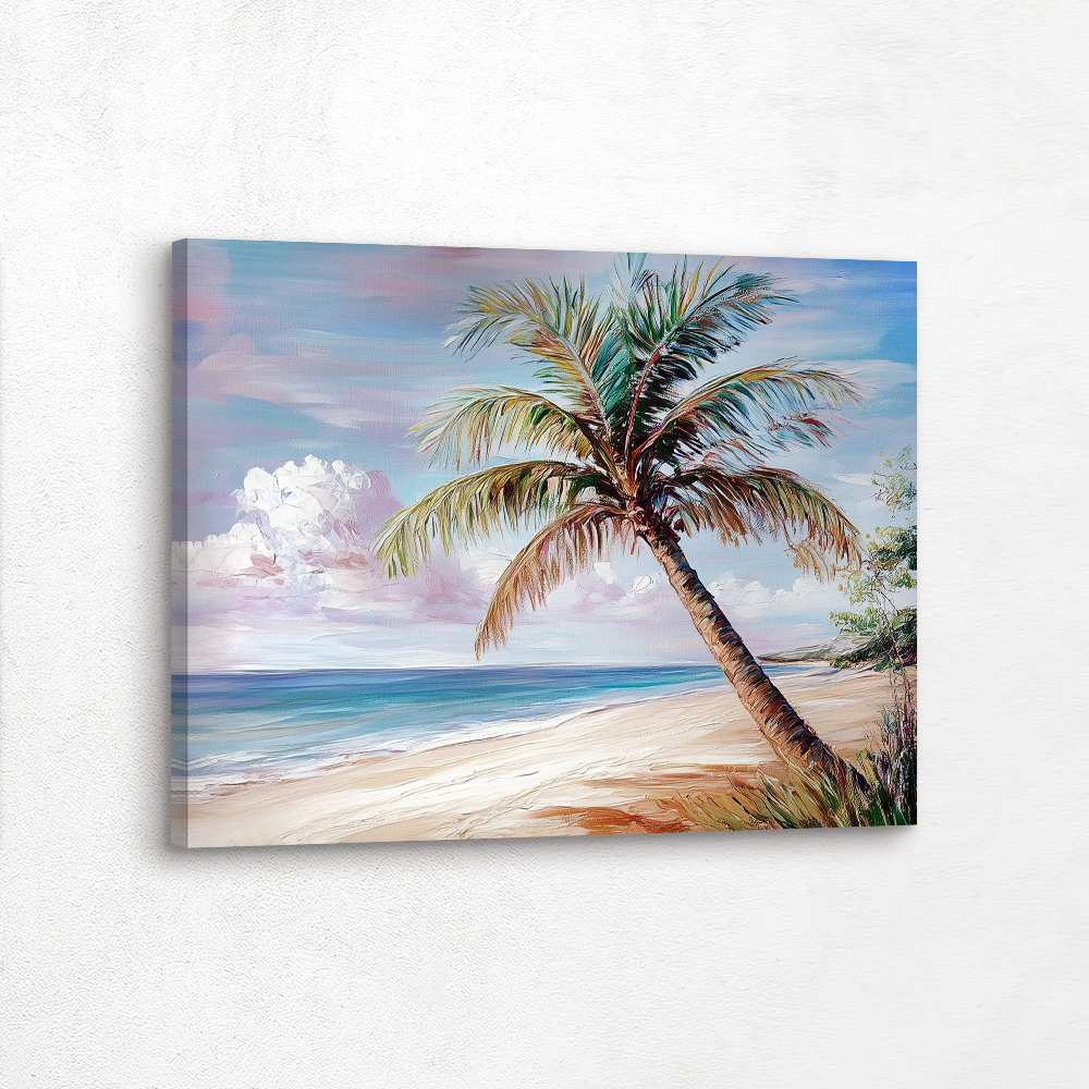 Coastal Wall Decor with a Palm Tree on the Beach, a perfect choice for your wall decor collection, this Canvas Painting comes in a wide variety of sizes and formats, including metal wall art, metal prints, vinyl wall art, vinyl prints, peel-and-stick vinyl, vinyl wall art, vinyl wall peel, framed wall art, framed prints, fine art prints, poster art, poster wall art, poster prints, stretched canvas, stretched canvas wall art, and framed canvas wall art with floater frames. Available frame colors include black, white, and brown, offering options to match any style.