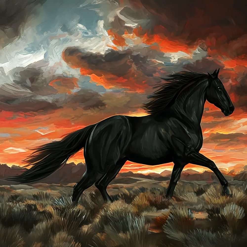 Painting of a black horse running across grassland beneath an orange sunset sky