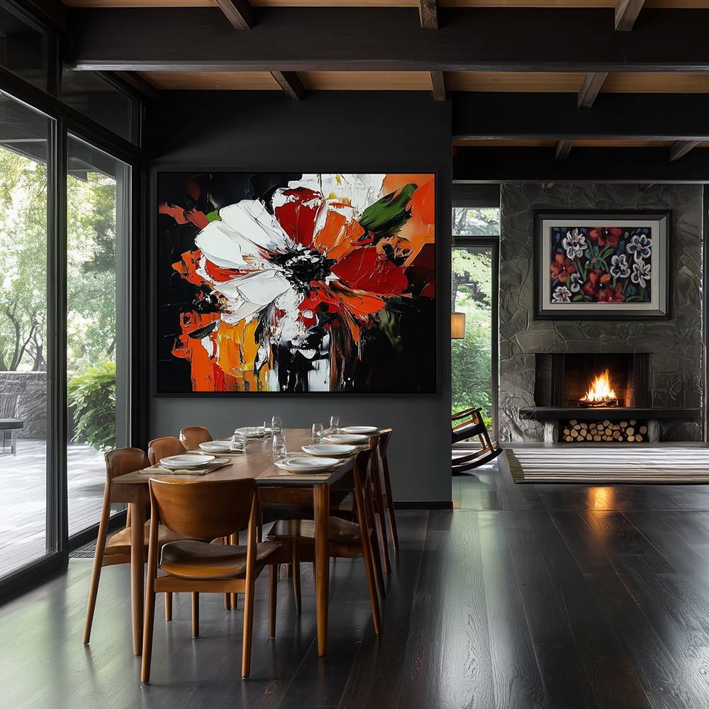 Curators Choice for this Home Decor in Abstract Art would be Canvas Wall Art with a Black Floater Frame in Large Canvas Art Shown in Dinning Room Wall Art with a Black Floater Frame