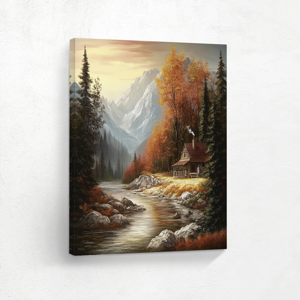 Home Decor Wall Art with a Stream and Mountain and Cabin in Autumn, Wall Decor, Framed Prints, Metal Wall Art, Stretched Canvas, Floater Framed