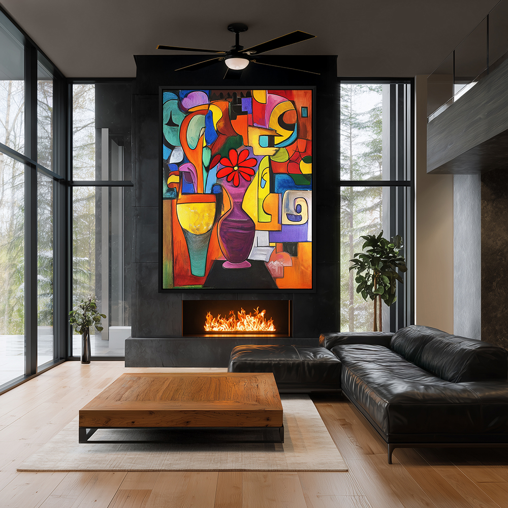 Flower Still Life Wall Art Decor, Modern Wall Art, Abstract Painting, Wall Art, Home Decor, Metal Wall Art, Fine Art Prints, Framed Wall Art, Stretched Canvas, Vinyl Wall Peel, Poster Art, Canvas Wall Art Framed with a Black Floater Frames Shown in Living Room Wall Art