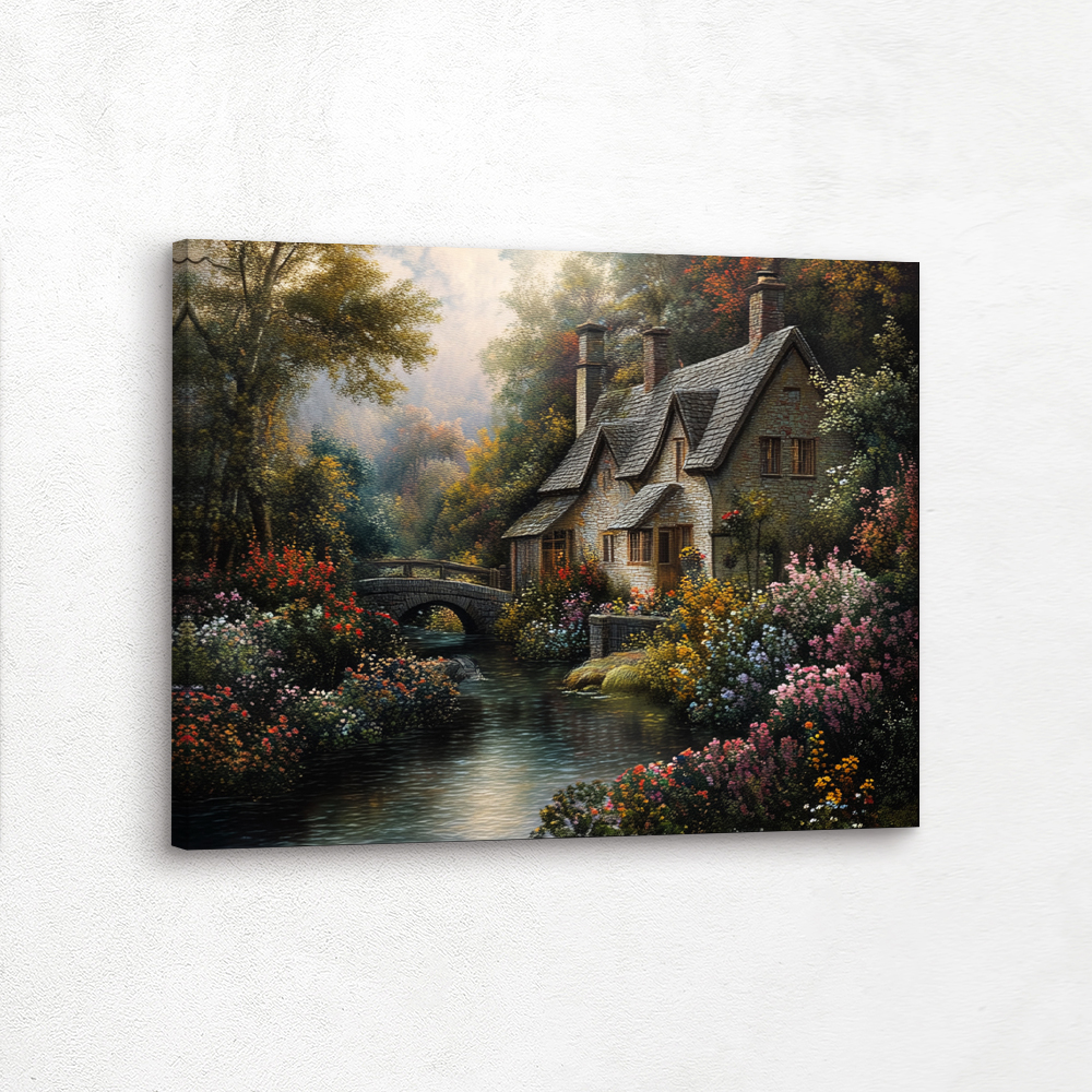 Beautiful Wall Art Painting of a Cottage by a Stream in Spring with Flowers, Home Decor, Stretched Canvas, Vinyl Wall Peel, Poster Art, Fine Art Prints, Metal Wall Art, Framed Prints, Canvas Wall Art Framed in Floater Frames